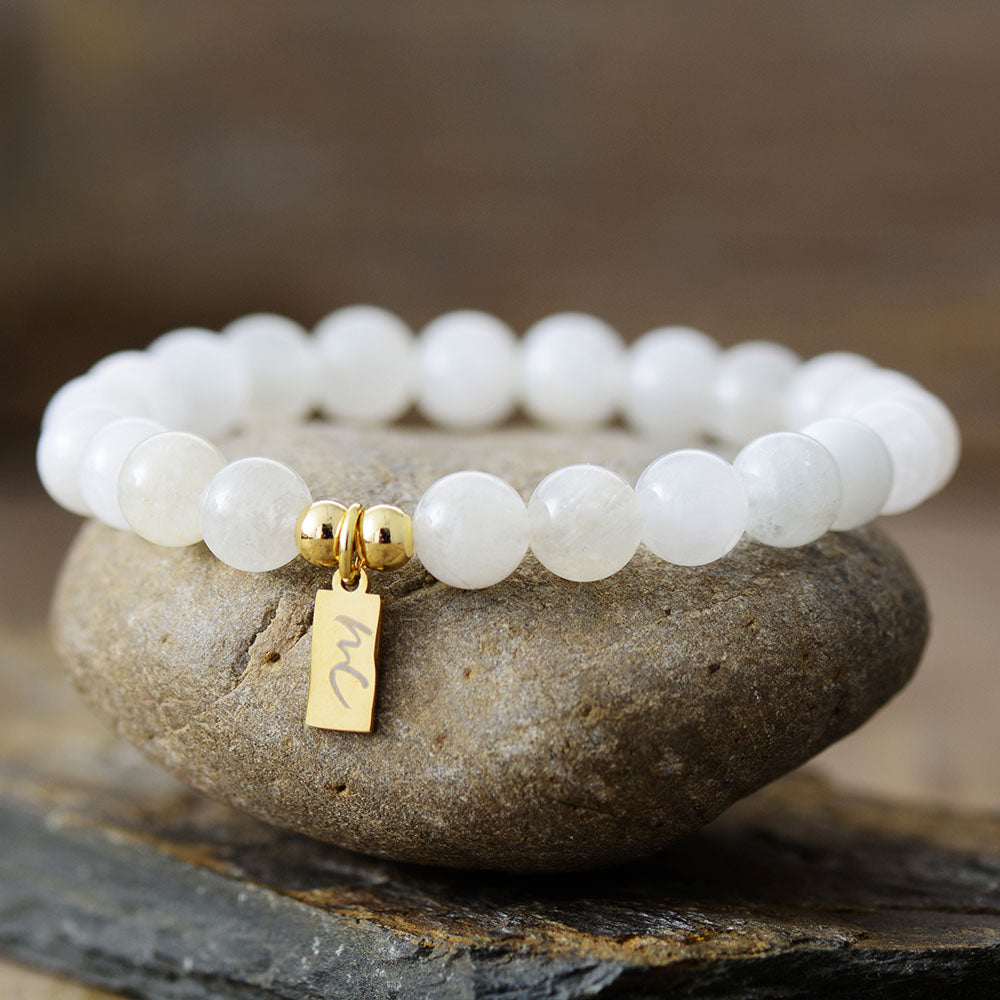 Handmade Moonstone Beaded Bracelet with a Gold Plated Tag