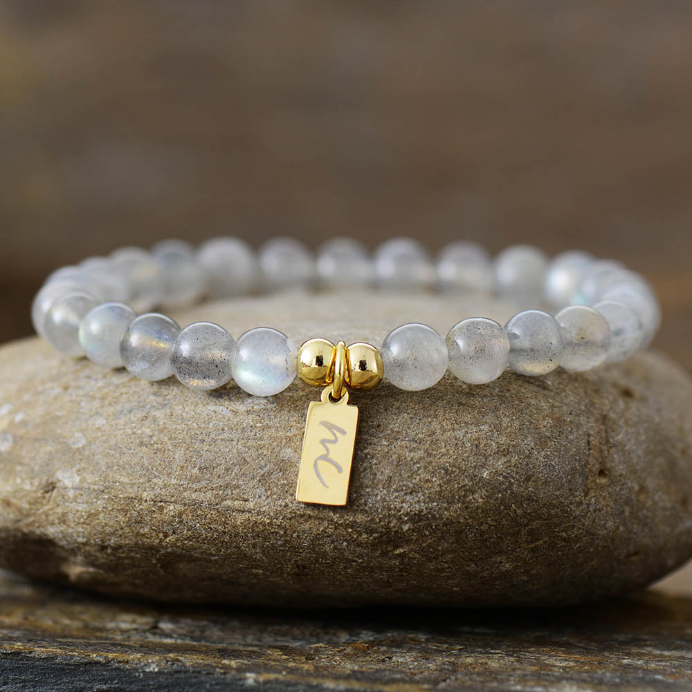 Handmade Labradorite Beaded Bracelet with a Gold Plated Tag