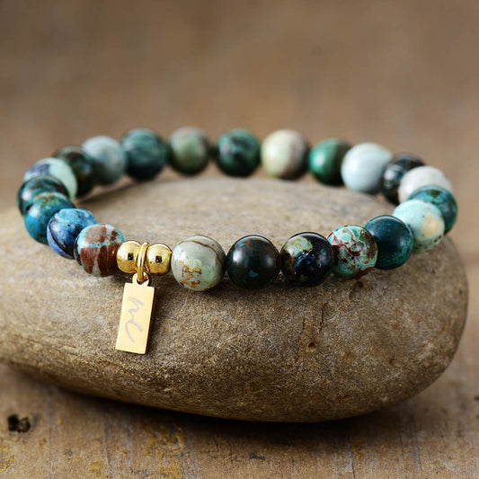 Handmade Chrysocolla Beaded Bracelet with a Gold Plated Tag