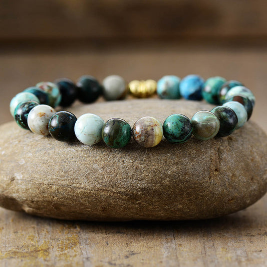 Handmade Chrysocolla Beaded Bracelet with a Gold Plated Tag