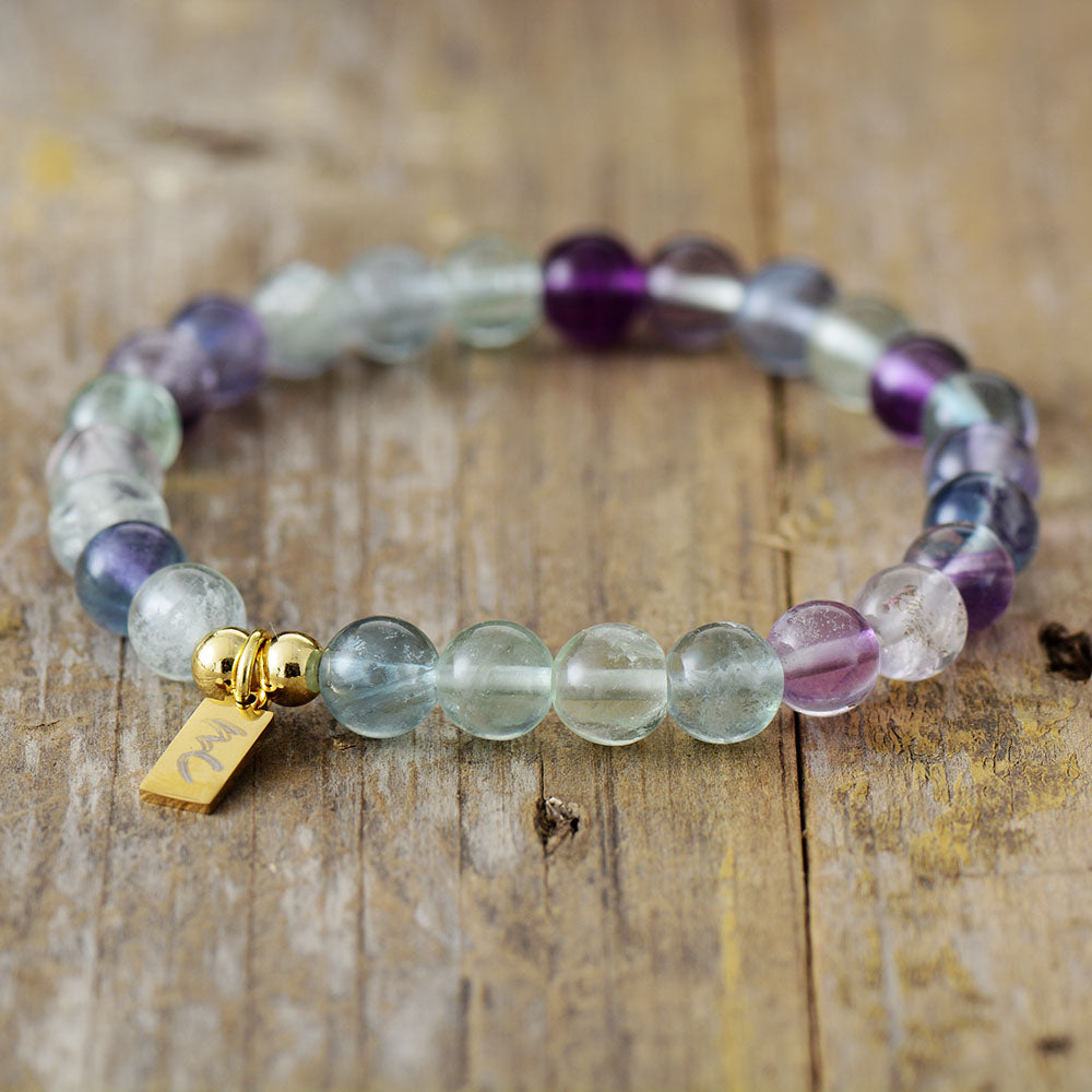 Handmade Fluorite Beaded Bracelet with a Gold Plated Tag