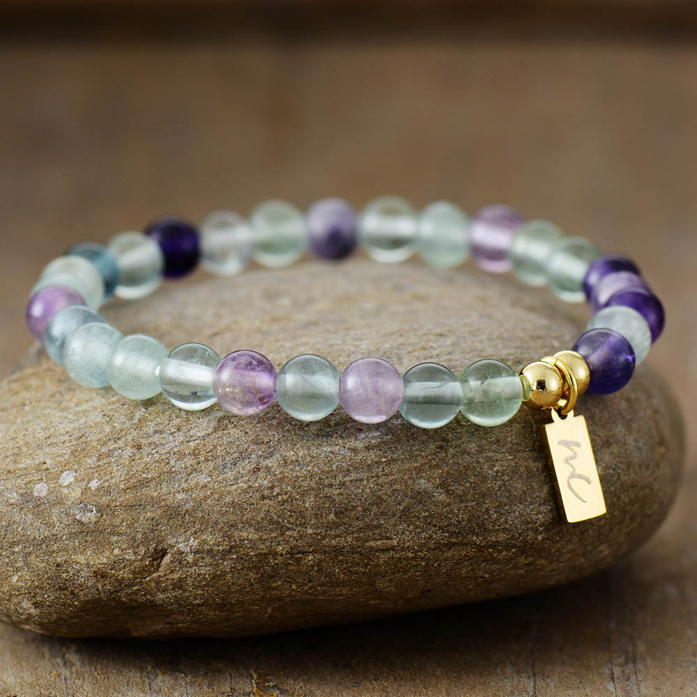 Handmade Fluorite Beaded Bracelet with a Gold Plated Tag