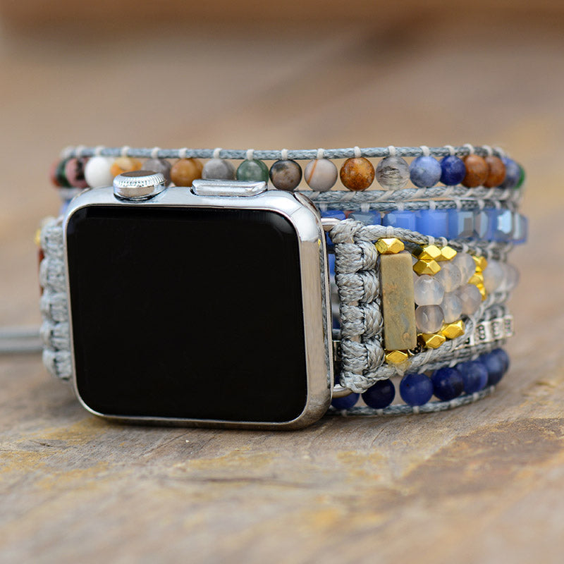 Handmade Natural Sodalite and Agate Apple Watch Strap with Vegan Rope
