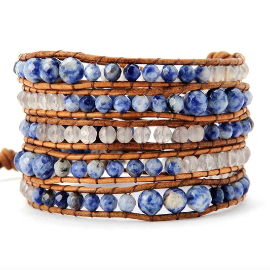 Handmade Sodalite and Onyx Leather Wrap Bracelet - 32.5 Inches + 3 closures