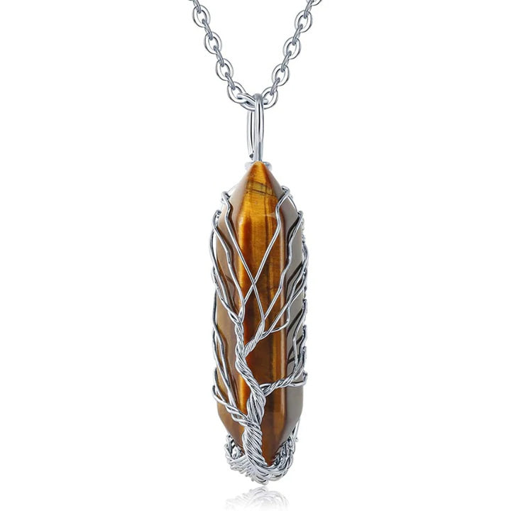 Tree Of Life Natural Tigers Eye Crystal Pendant Necklace