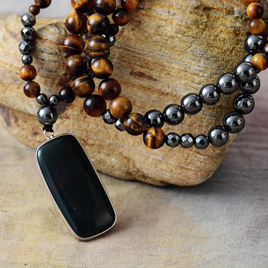 Handmade Tigers Eye and Hematite Pendant Mala Necklace - 33.5 Inches