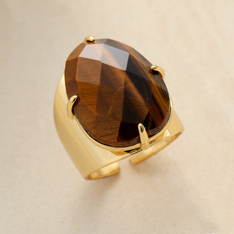 Resizable Tigers Eye Natural Stone Gold Plated Ring - Size 7
