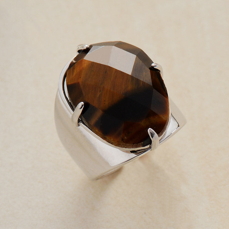 Resizable Tigers Eye Natural Stone Silver Plated Ring - Size 7