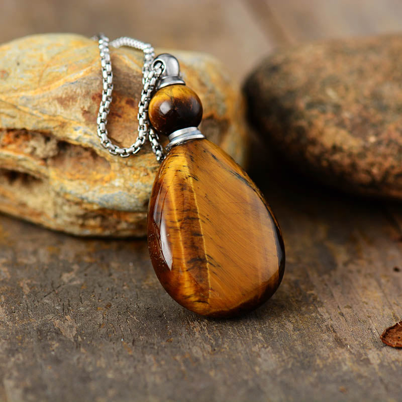 Handmade Natural Tigers Eye & Stainless Steel Perfume Bottle Necklace