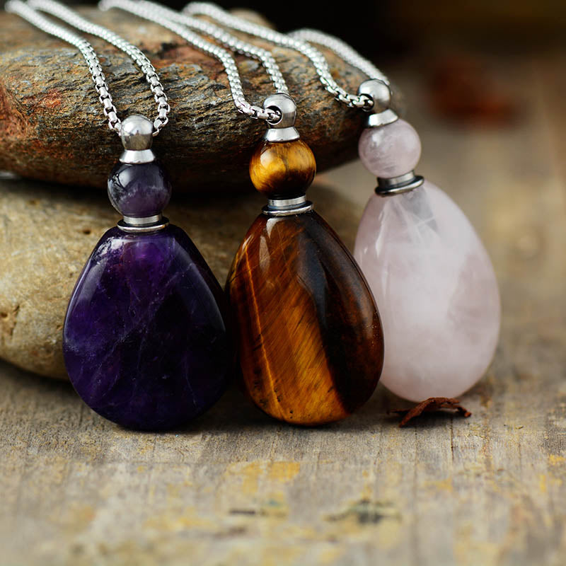 Handmade Natural Tigers Eye & Stainless Steel Perfume Bottle Necklace