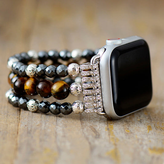 Handmade Tigers Eye and Hematite Apple Watch Stretch Band 38-45MM Plate