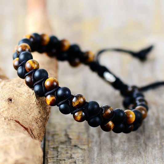 Handmade Natural Tigers Eye and Onyx Braided Bracelet 7.3-10.3 Inches