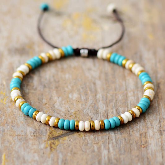 Handmade Turquoise Howlite and Gold Beaded Bracelet - 6.7 inches + adjustable