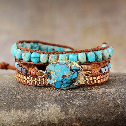 Handmade Leather and Turquoise Stone Bracelet 19.7 Inches + 3 Closures