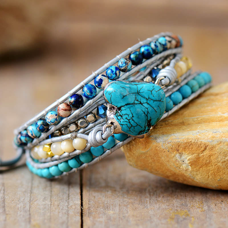 Handmade Turquoise & Beaded Wrap Bracelet 32.5 Inches + 3 Closures