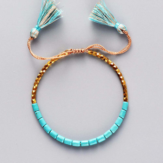 Handmade Turquoise & Gold Beads Adjustable Bracelet with Tassels