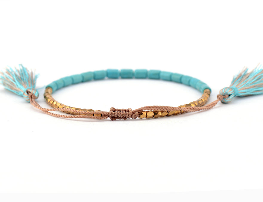 Handmade Turquoise & Gold Beads Adjustable Bracelet with Tassels