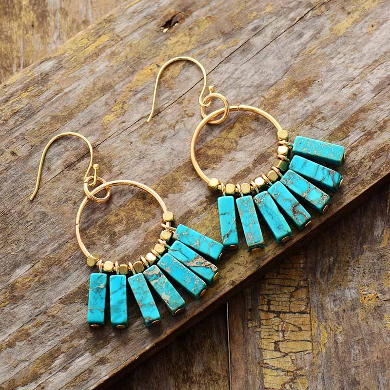 Handmade Turquoise and Gold Color Beads Dangle Earrings