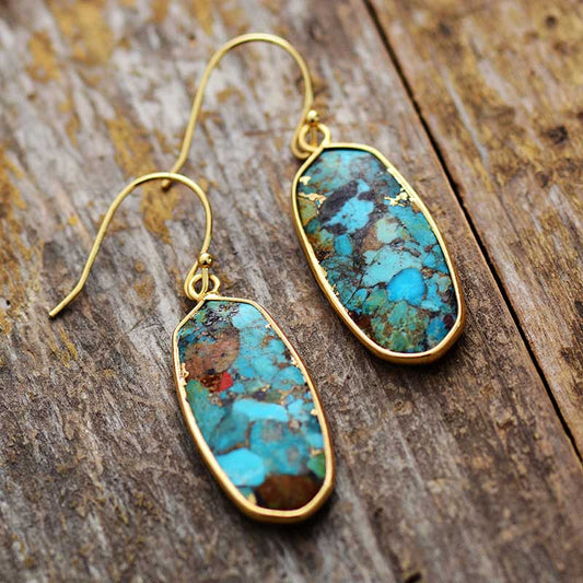 Handmade Natural Turquoise and Gold Plated Dangle Earrings
