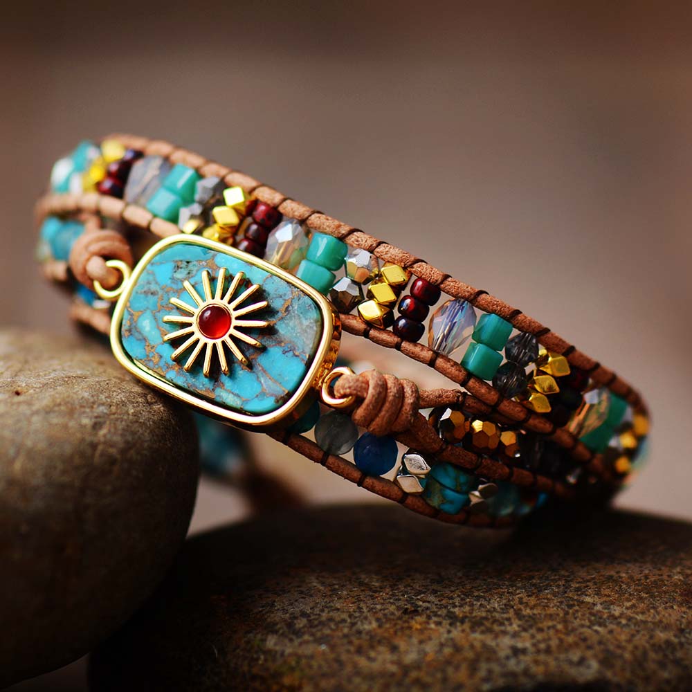 Handmade Turquoise and Jasper Leather Bracelet - 19.7 inches +3 closures