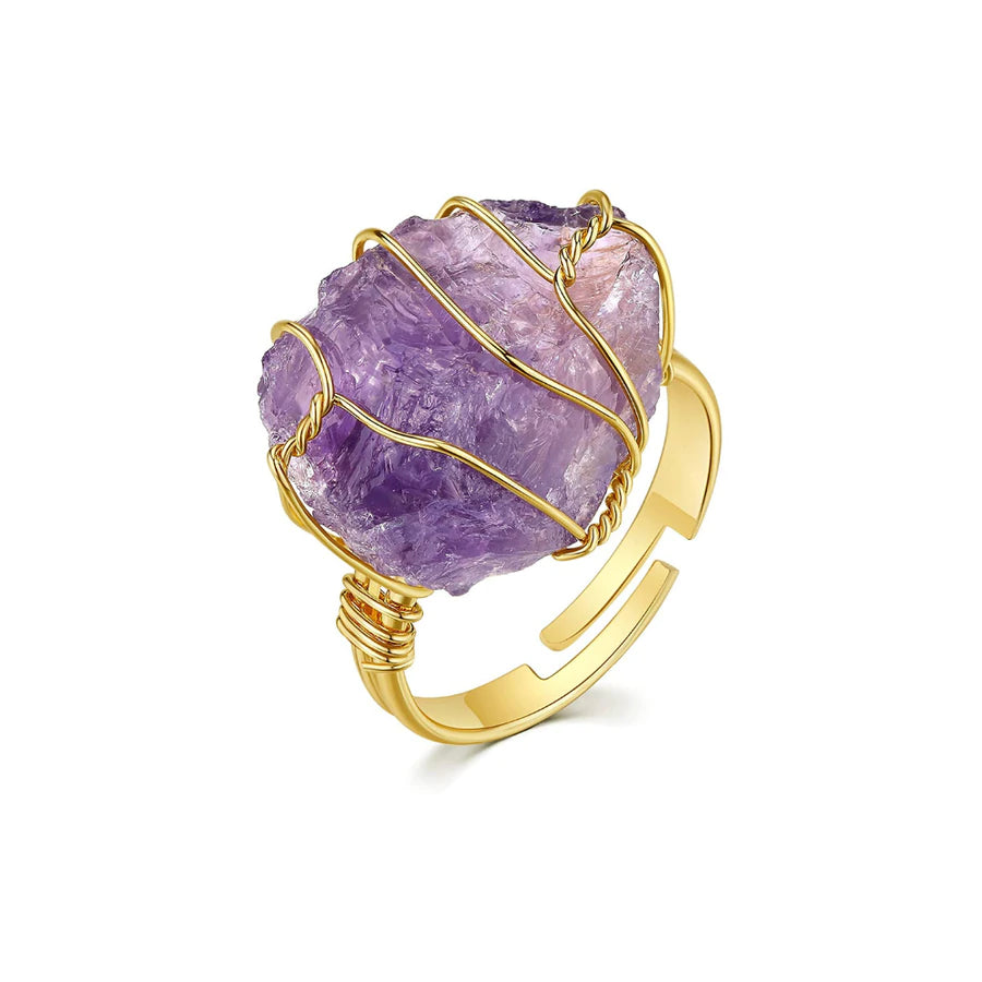 Resizable Gold Wire Wrapped Crystal Ring - Amethyst