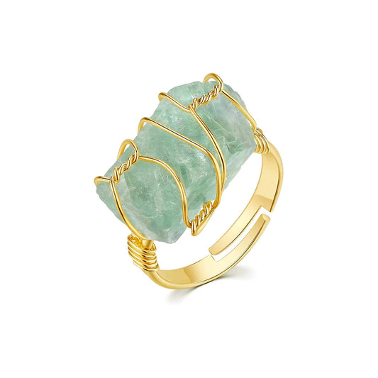 Resizable Gold Wire Wrapped Crystal Ring - Green Aventurine