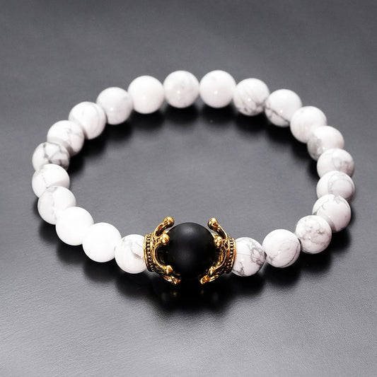 Luxury Antique Crown with White Turquoise and Black Onyx Bracelet