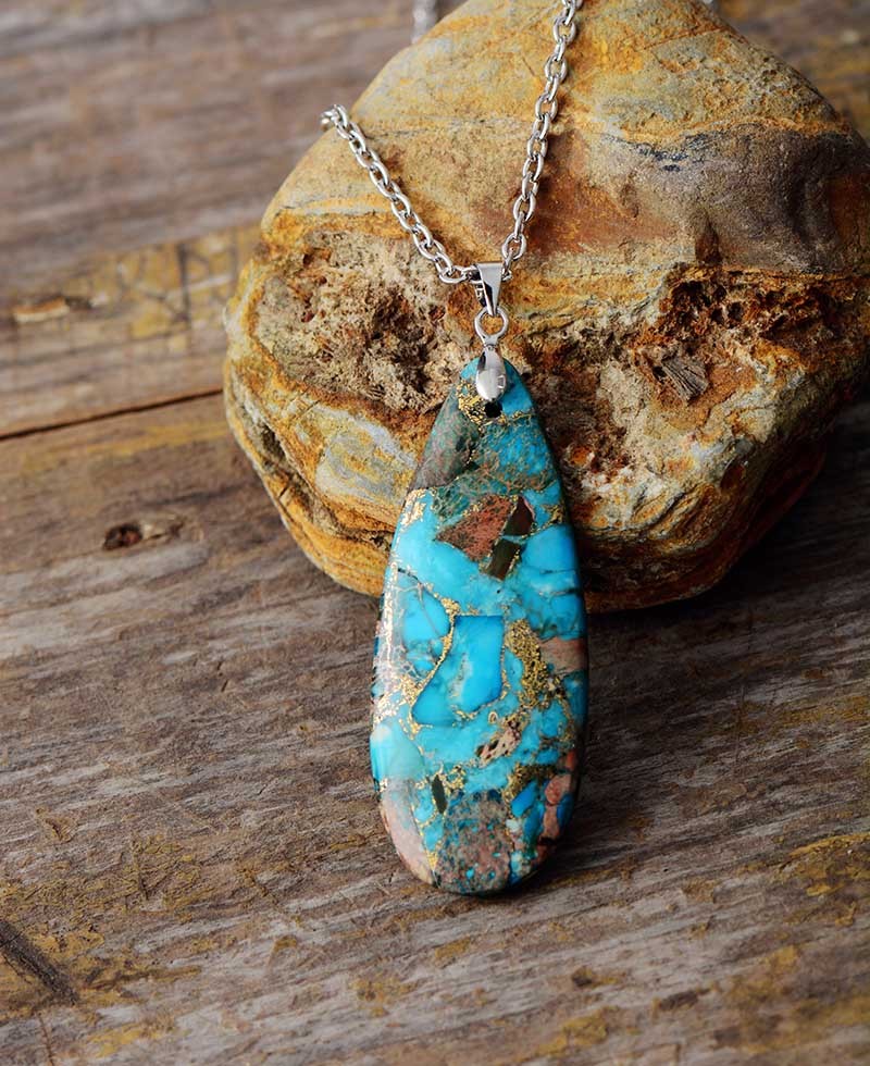 Turquoise Stone Pendant Necklace with Silver or Gold Chain