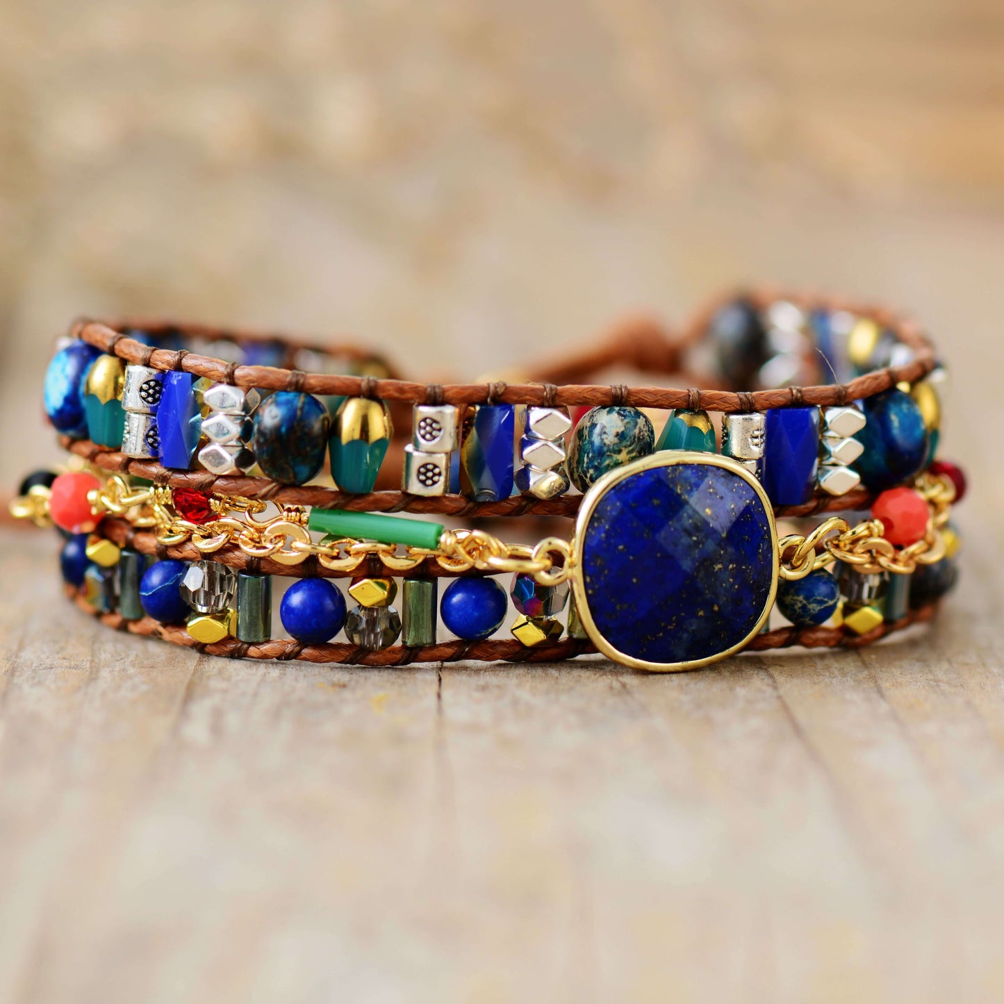 Handmade Lapis Lazuli Beaded Cord Bracelet 19.7 Inches + 3 Closures