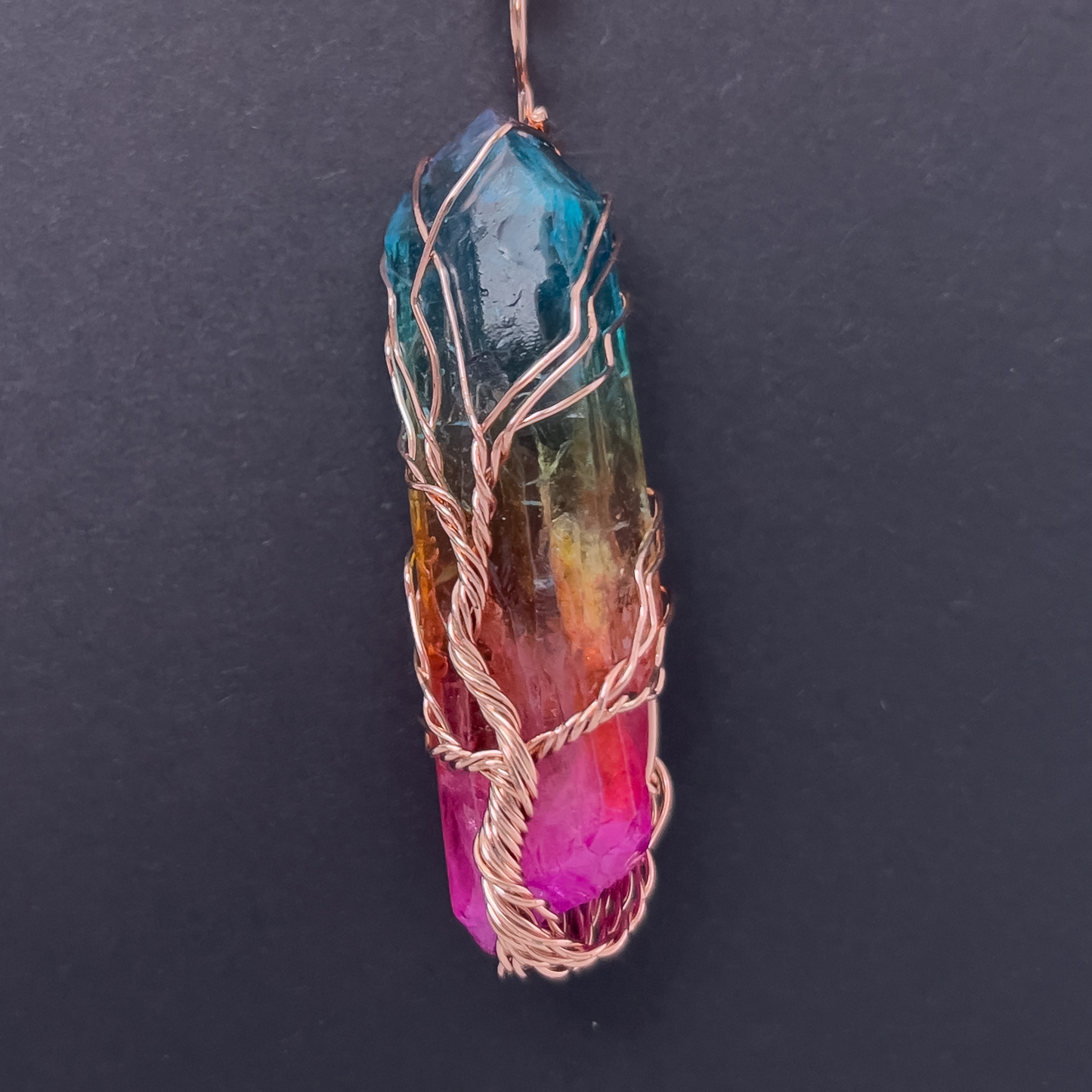 Handmade Chakra Rainbow Quartz Pendant Necklace with Rose Gold Wire Wrap