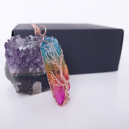 Handmade Chakra Rainbow Quartz Pendant Necklace with Rose Gold Wire Wrap