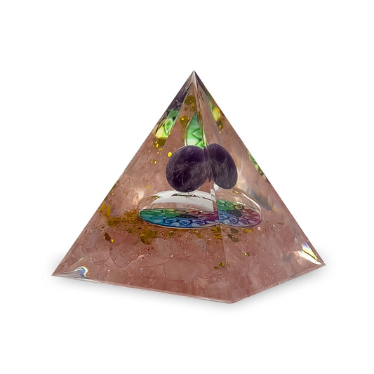 Orgone Energy Resin Pyramid with Rose Quartz and Amethyst Ball