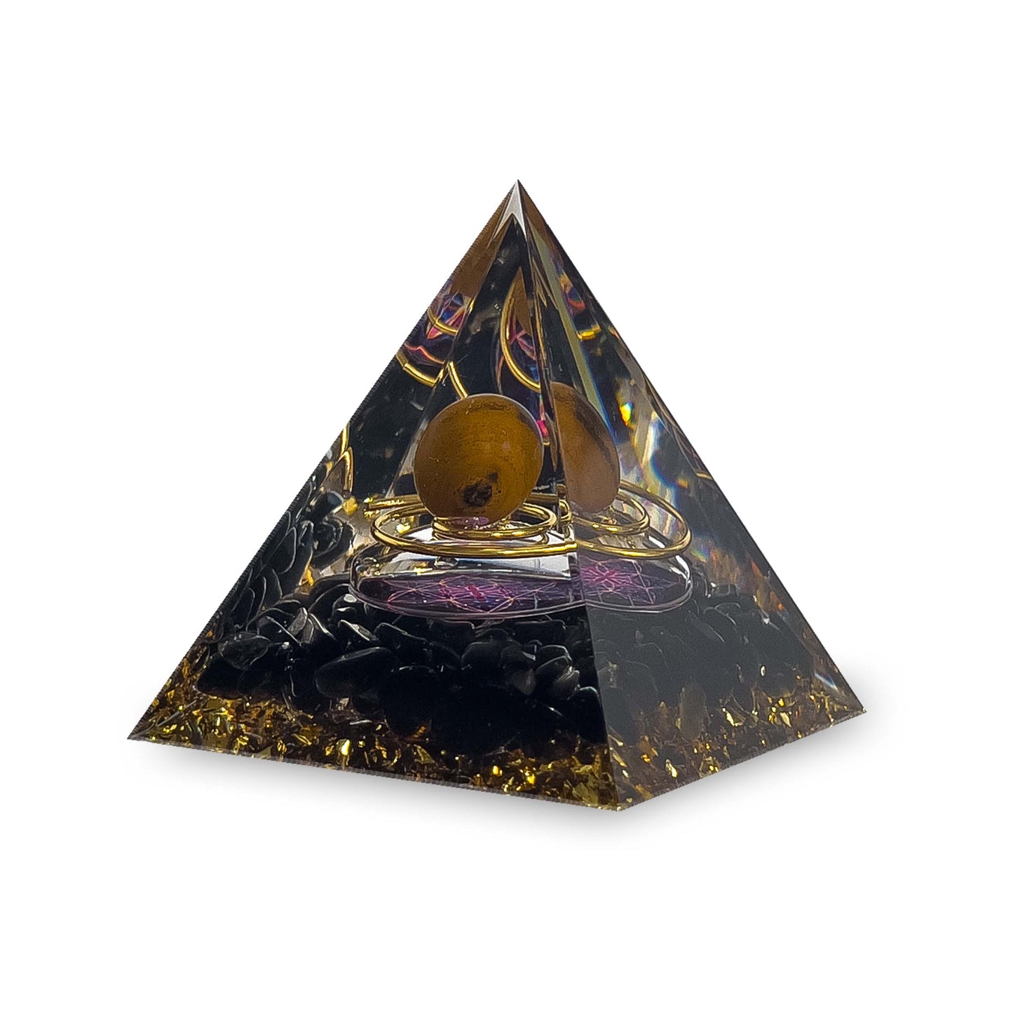 Orgone Energy Resin Pyramid with Obsidian Crystal and Tigers Eye