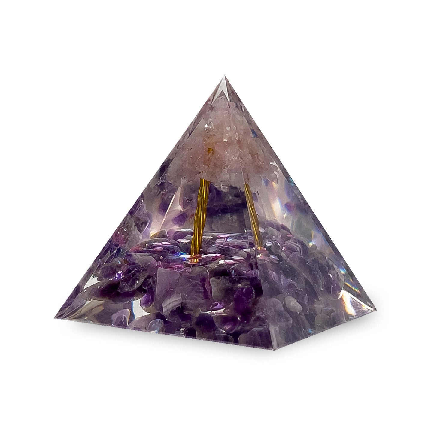 Orgone Energy Resin Pyramid with Amethyst and Rose Quartz Tree