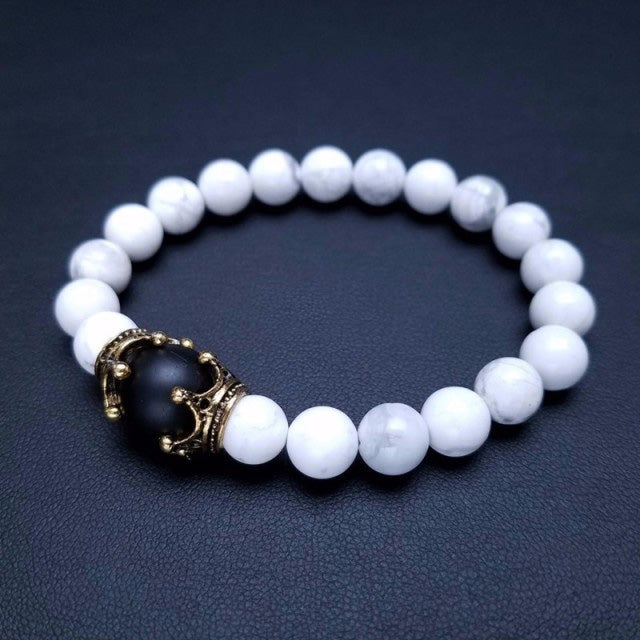 Luxury Antique Crown with White Turquoise and Black Onyx Bracelet